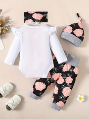 4pcs Baby Girls Long Sleeve Romper Bandana Hat Flowers Trousers Set