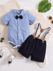 Baby Boys Plaid Shirt Onesie & Suspender Shorts Gentleman Outfit