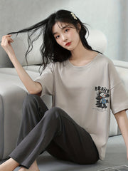 Bunny Print Lounge Set Short Sleeve Crew Neck Top & Pants