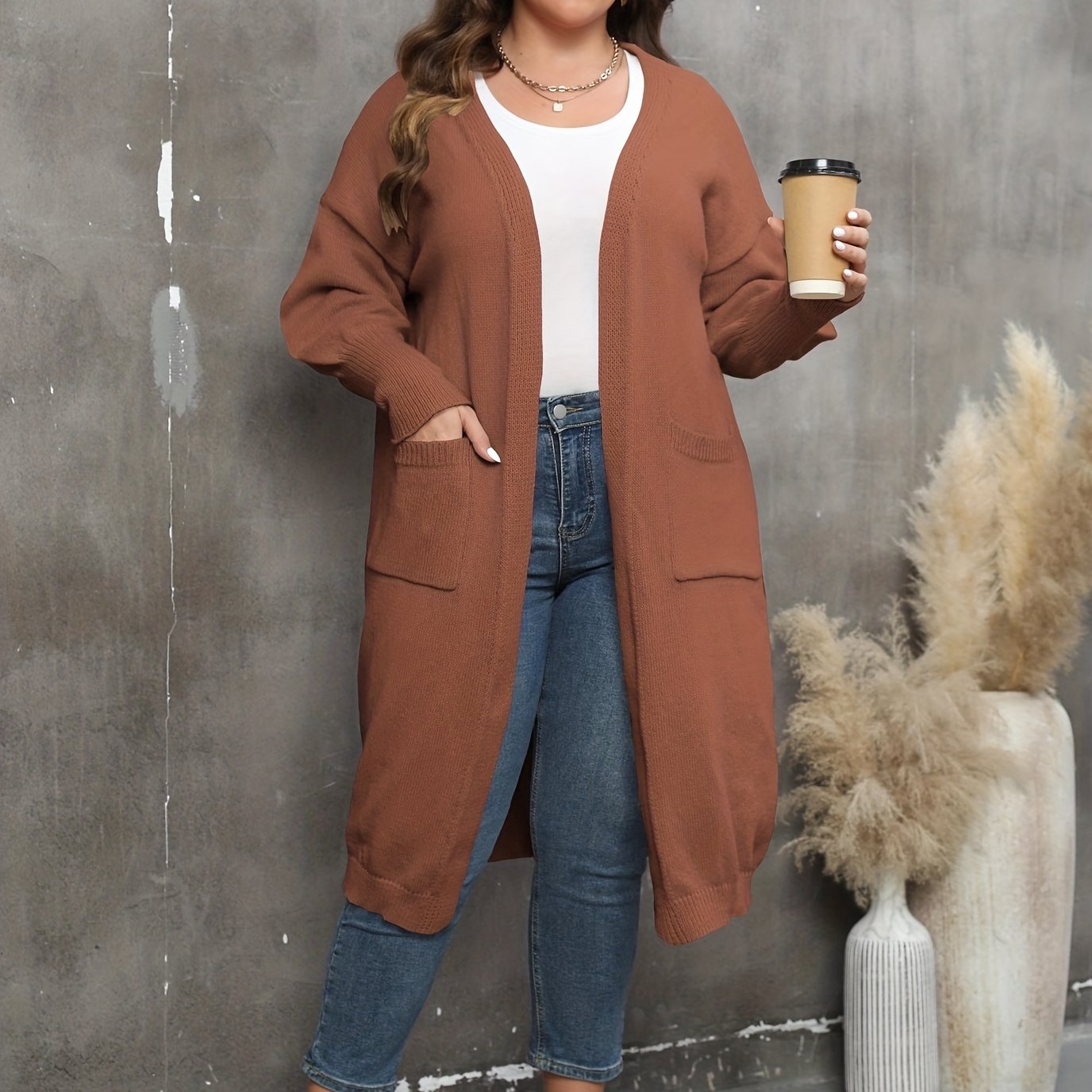 Casual Cardigan Women's Plus Solid Lantern Sleeve Open Front Cardigan