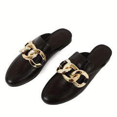 Women's Chain Decor Flat Mules Closed Toe Slip On Shoes