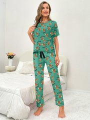 Bear Print Pajama Set Short Sleeve Crew Neck Top & Pants