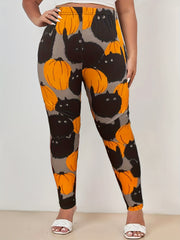 Women's Plus Size Cat & Pumpkin Print High Rise Leggings
