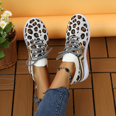 Leopard Print Mesh Lace-up Sneakers Soft Sole Casual Shoes