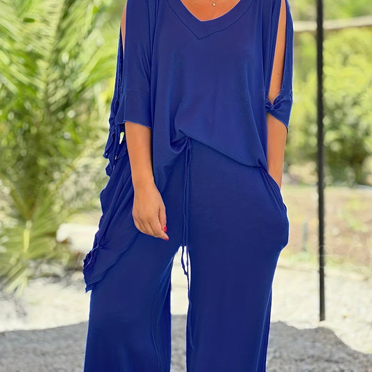 Split Batwing Sleeve V Neck Tunic Top & Wide Leg Pants Outfit Set