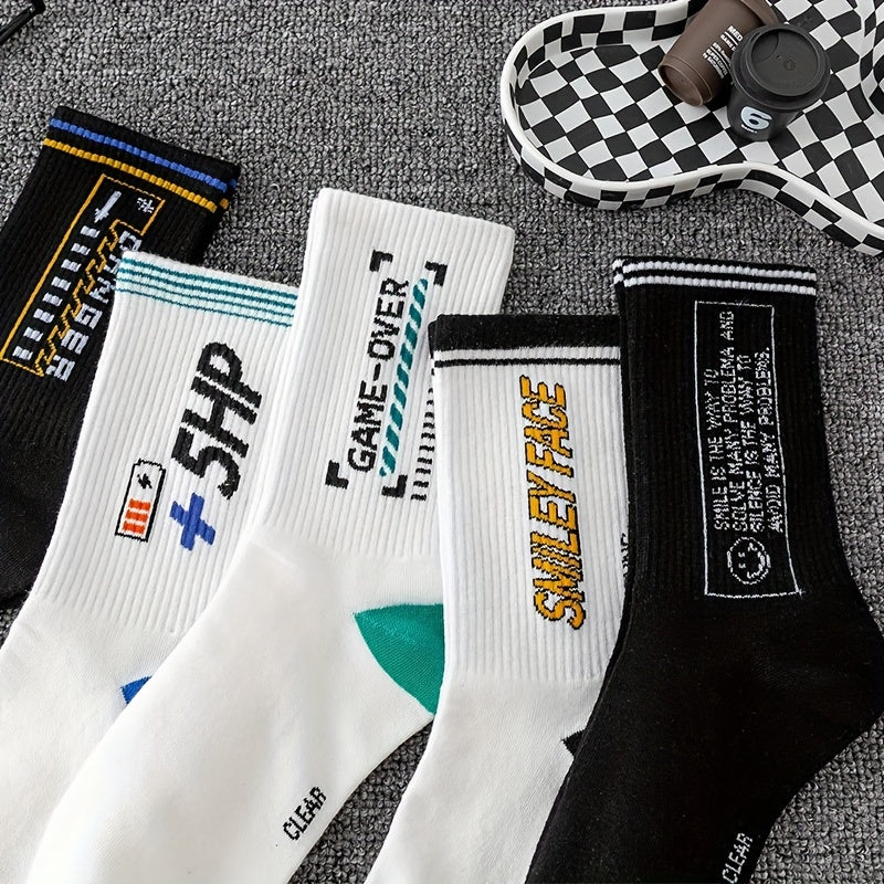5 Pairs Letter Pattern Print Socks Men's Outdoor Street Stockings