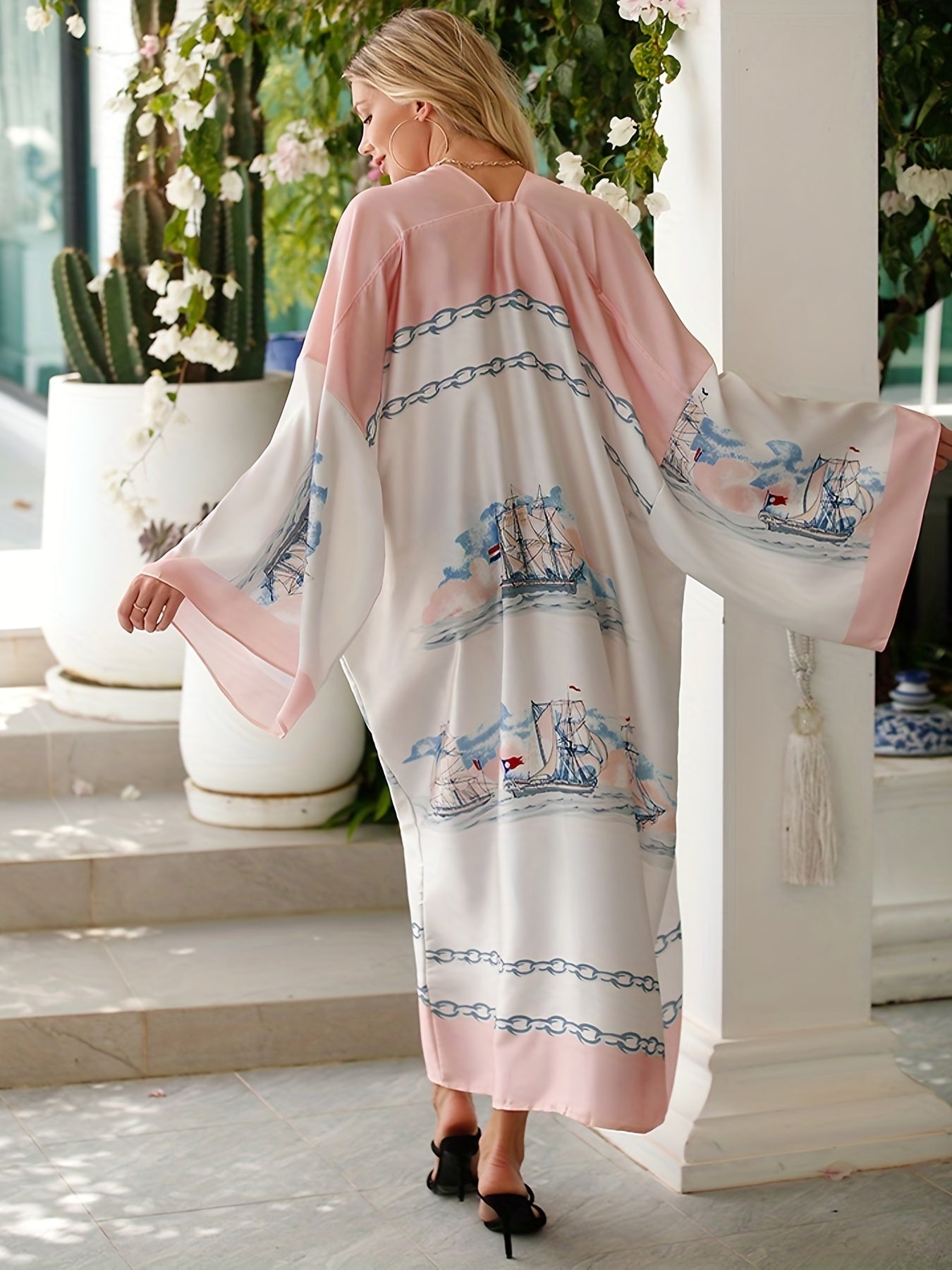 Boho Kimono Women's Plus Chain & Boat Print Long Sleeve Open Front