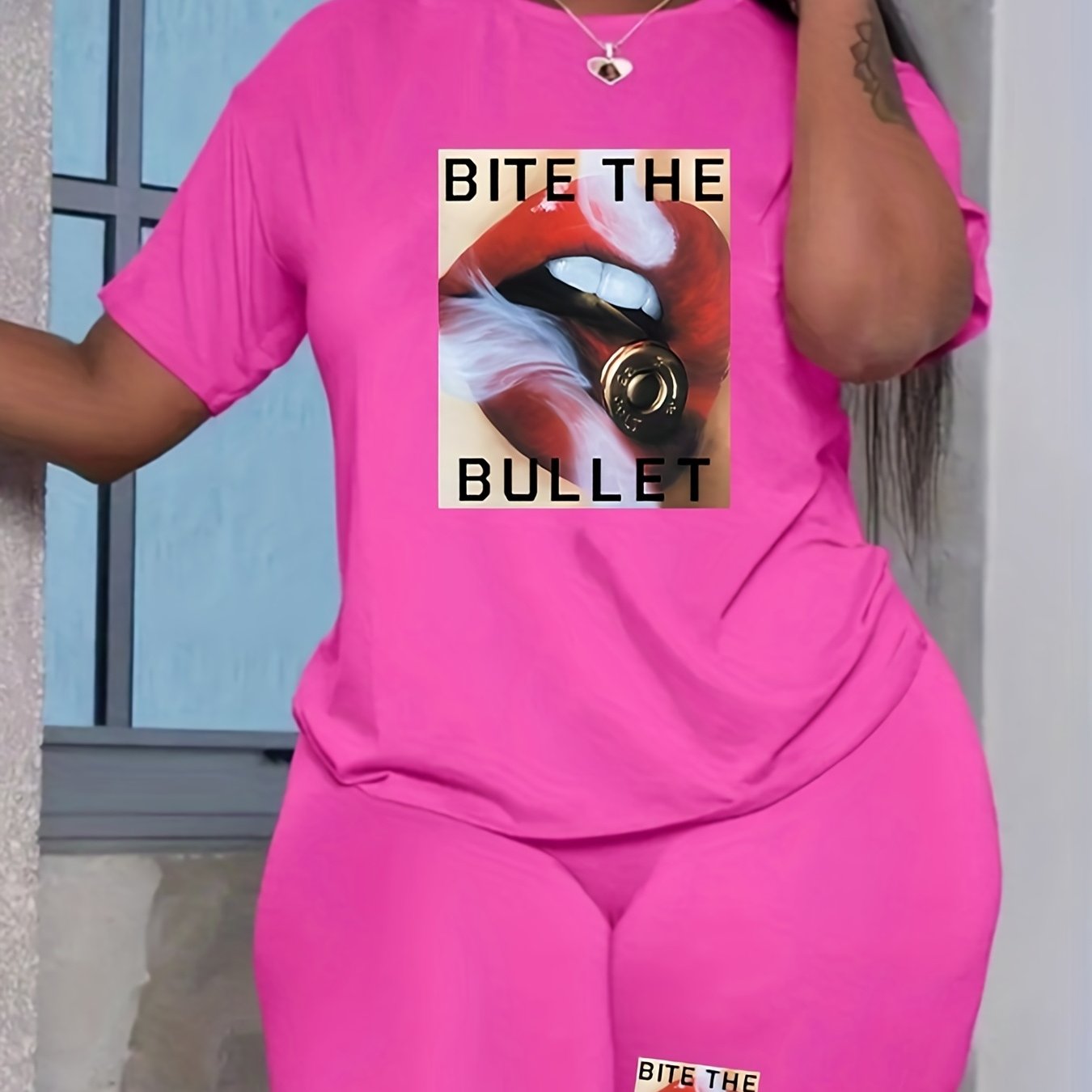 2 Piece Set Mouth & Letter Print Tee & Shorts