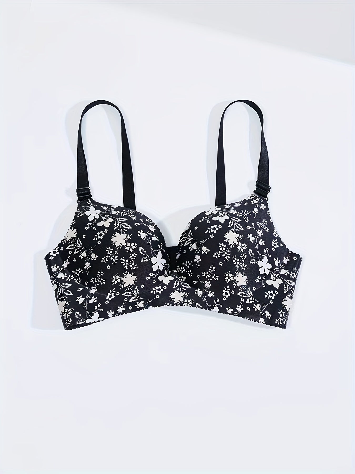 Floral Print Plunge Bra Scallop Trim Lingerie