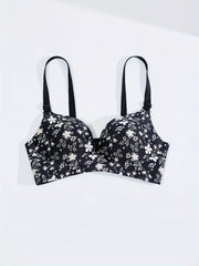 Floral Print Plunge Bra Scallop Trim Lingerie