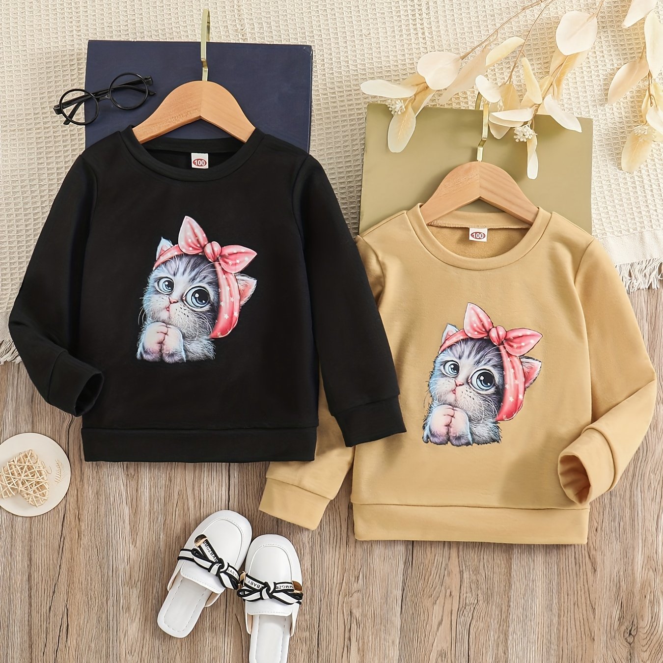 2pcs Girls' Cartoon Cat Round Neck Sweatshirt for Daily Casual