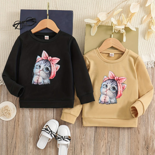 2pcs Girls' Cartoon Cat Round Neck Sweatshirt for Daily Casual
