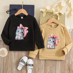 2pcs Girls' Cartoon Cat Round Neck Sweatshirt for Daily Casual