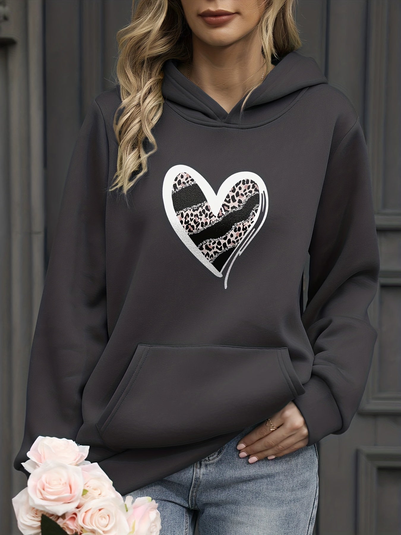 Heart Print Kangaroo Pocket Hoodie Long Sleeve Hoodies