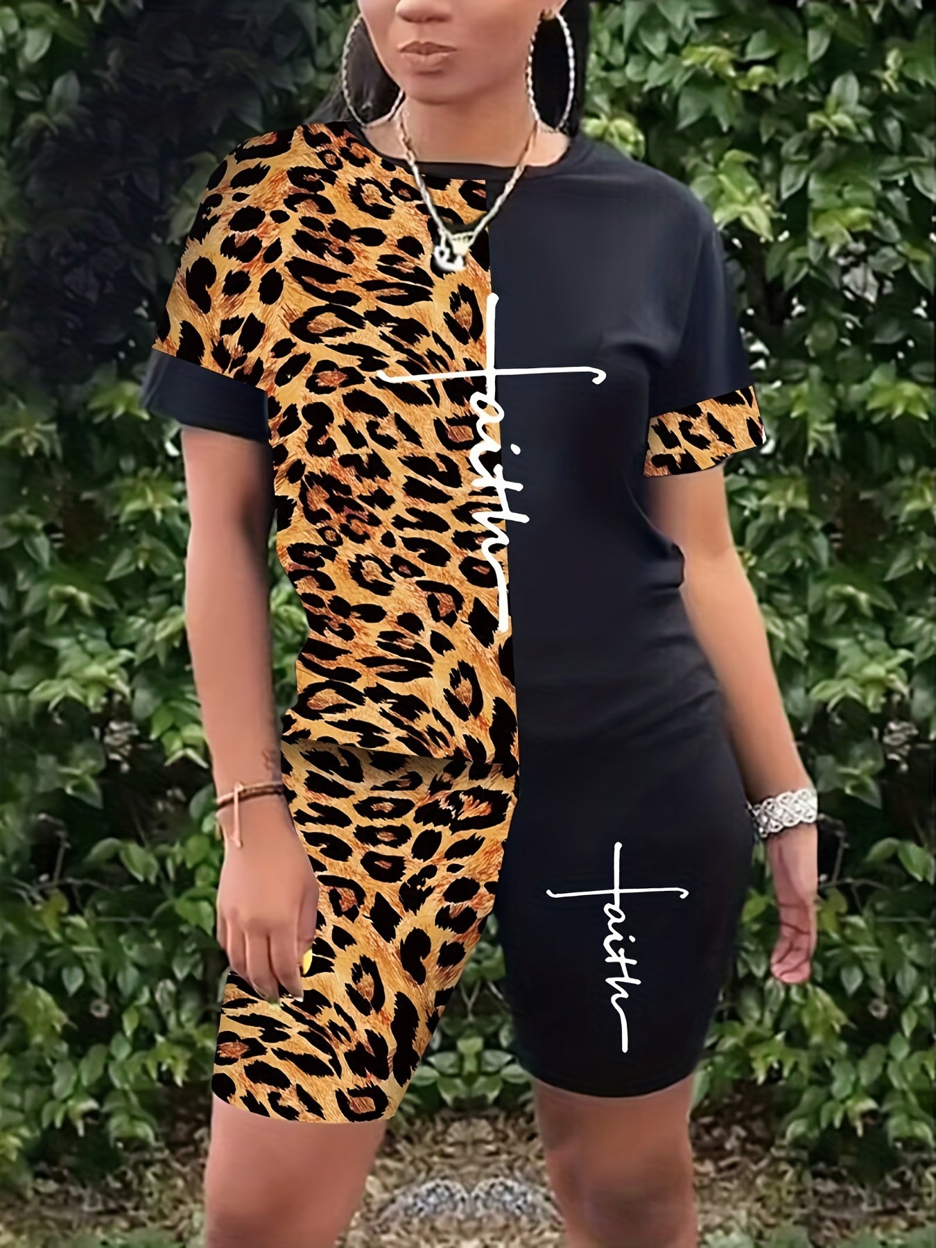Letter & Leopard Print 2pc Set Short Sleeve T-shirt & Shorts