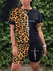Letter & Leopard Print 2pc Set Short Sleeve T-shirt & Shorts