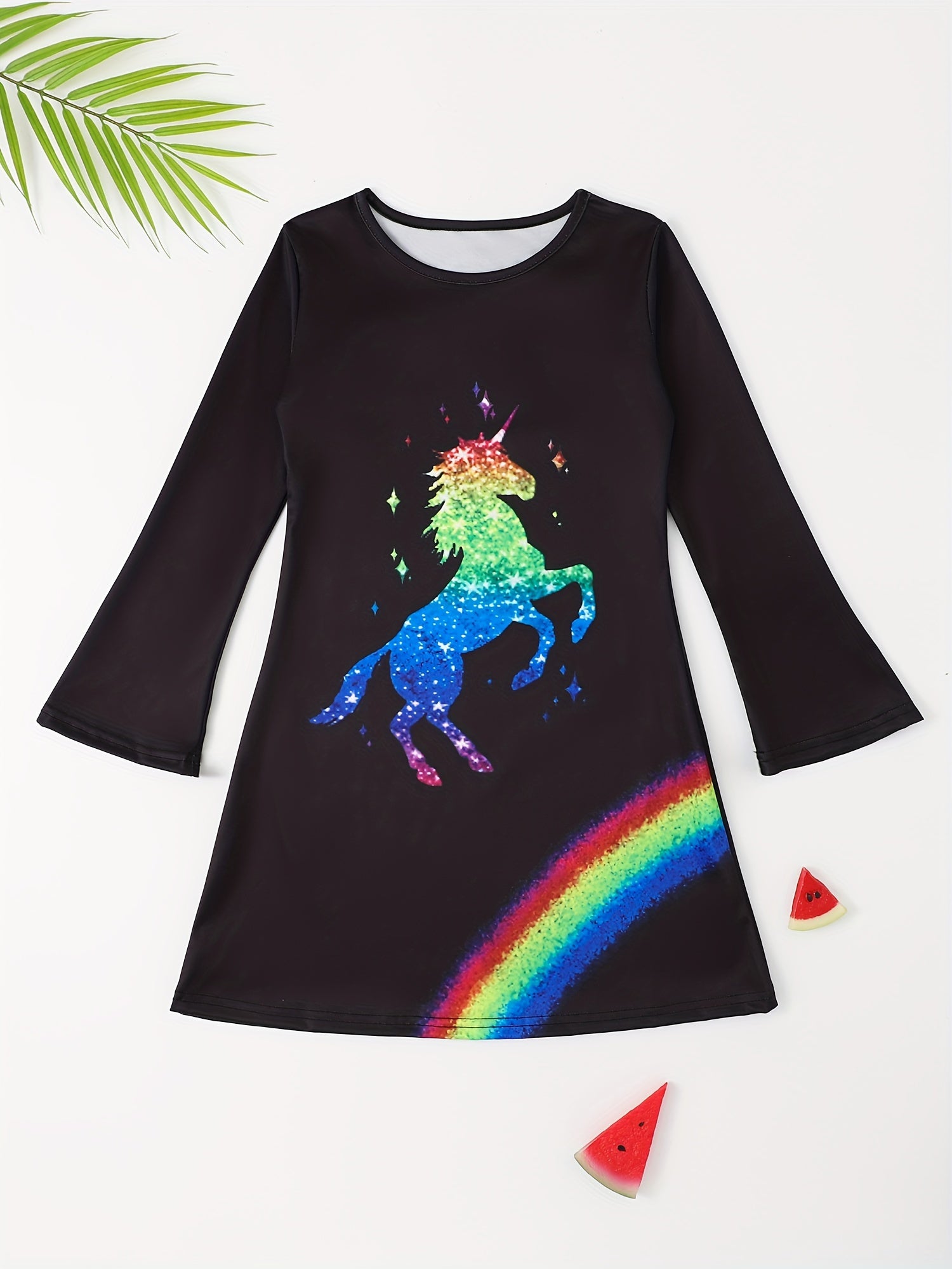 Sequin Print Unicorn Graphic Long Sleeve Dress Girls Dreamy Dresses