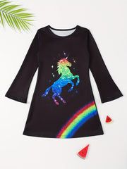 Sequin Print Unicorn Graphic Long Sleeve Dress Girls Dreamy Dresses