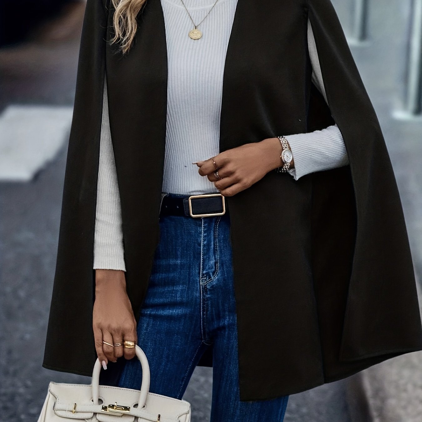 Solid Cape Blazer Open Front Split Sleeve Outerwear