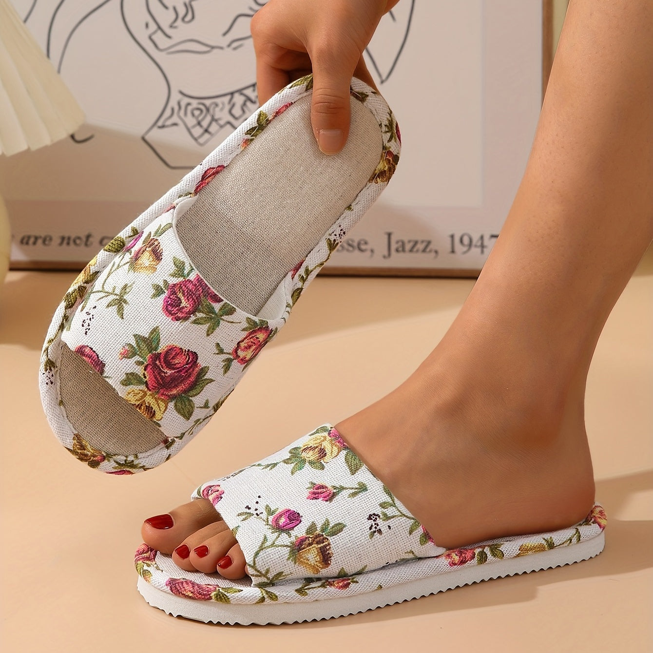 Floral Print Flat Slippers Open Toe Lightweight Casual Slides