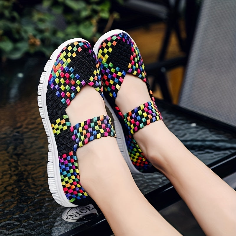 Plaid Weaving Backless Ankle Strap Walking Shoes Lightweight Sneakers