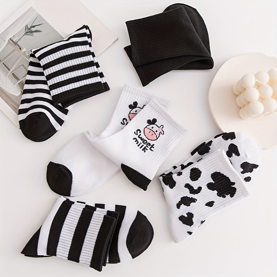 5 Pairs Cow Print Socks & Striped Crew Socks Women's Stockings