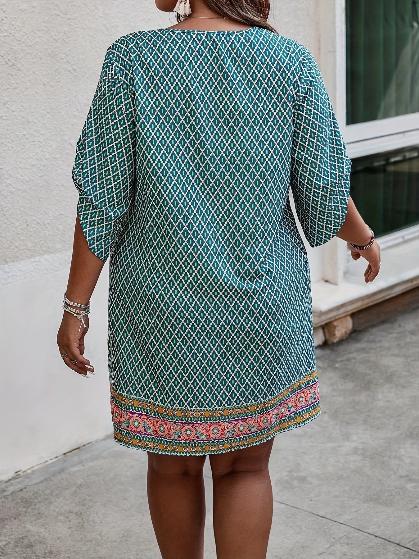 Boho Dress Women's Plus Colorblock Argyle Print Tie V Neck Mini Dress