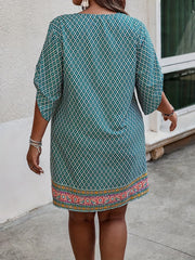 Boho Dress Women's Plus Colorblock Argyle Print Tie V Neck Mini Dress