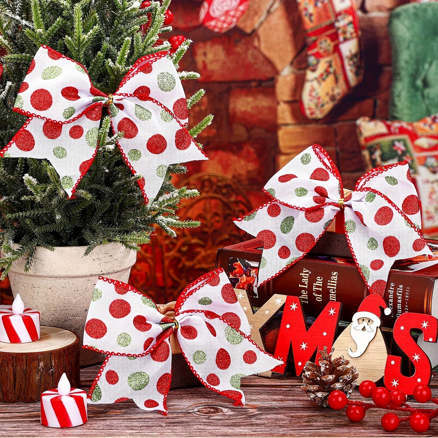 12pcs Red Green Christmas Bows Decoration 15-24cm