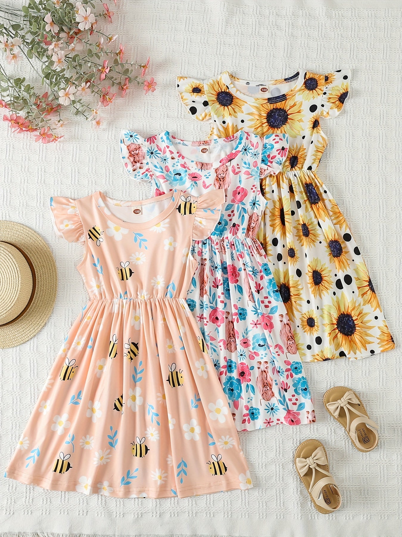 3pcs Girls' Summer Dresses Bee Flower Pattern Princess Dress