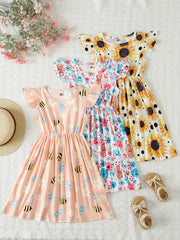 3pcs Girls' Summer Dresses Bee Flower Pattern Princess Dress
