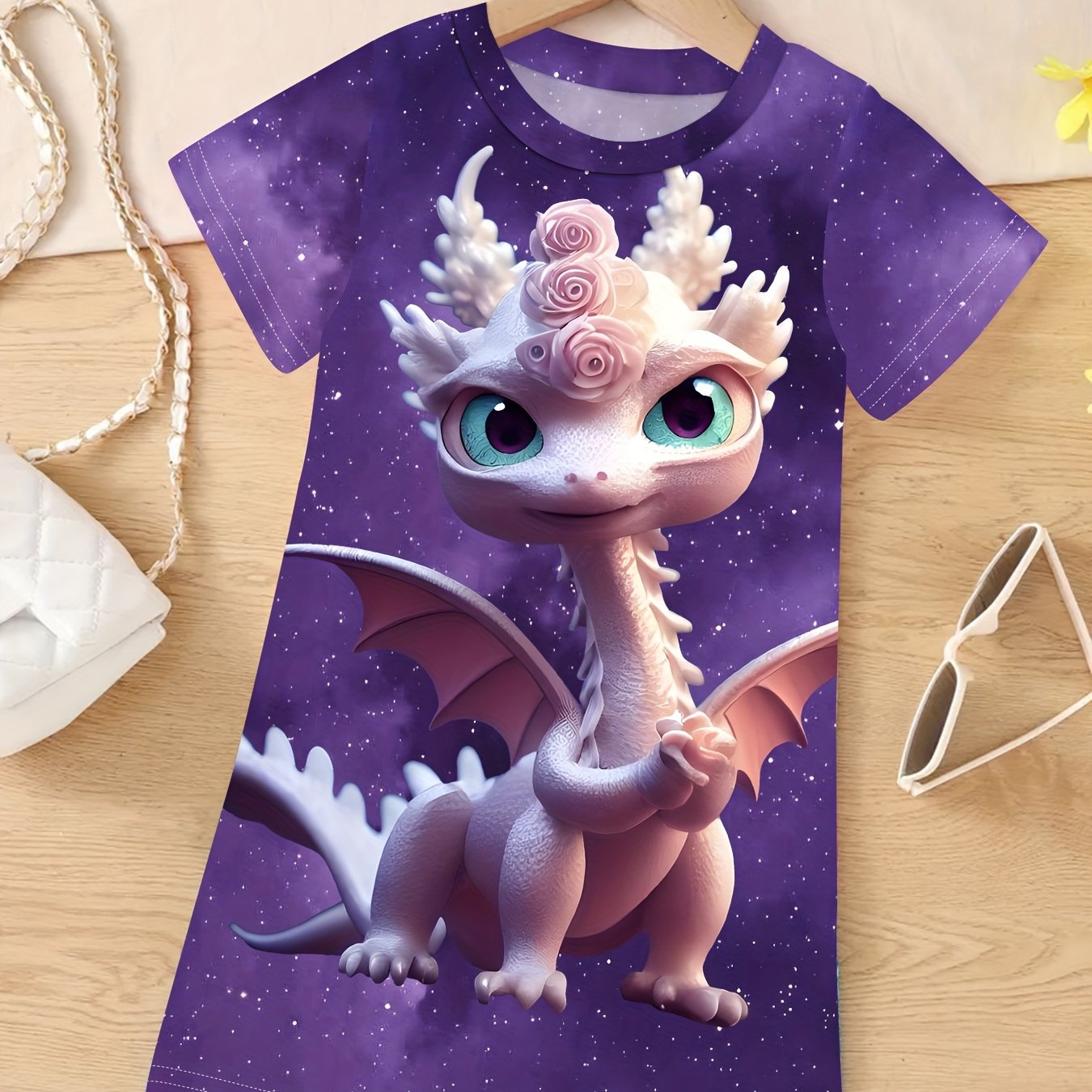 Cute 3D Dino Graphic Crew Neck Dress for Girls