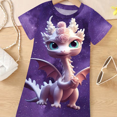 Cute 3D Dino Graphic Crew Neck Dress for Girls