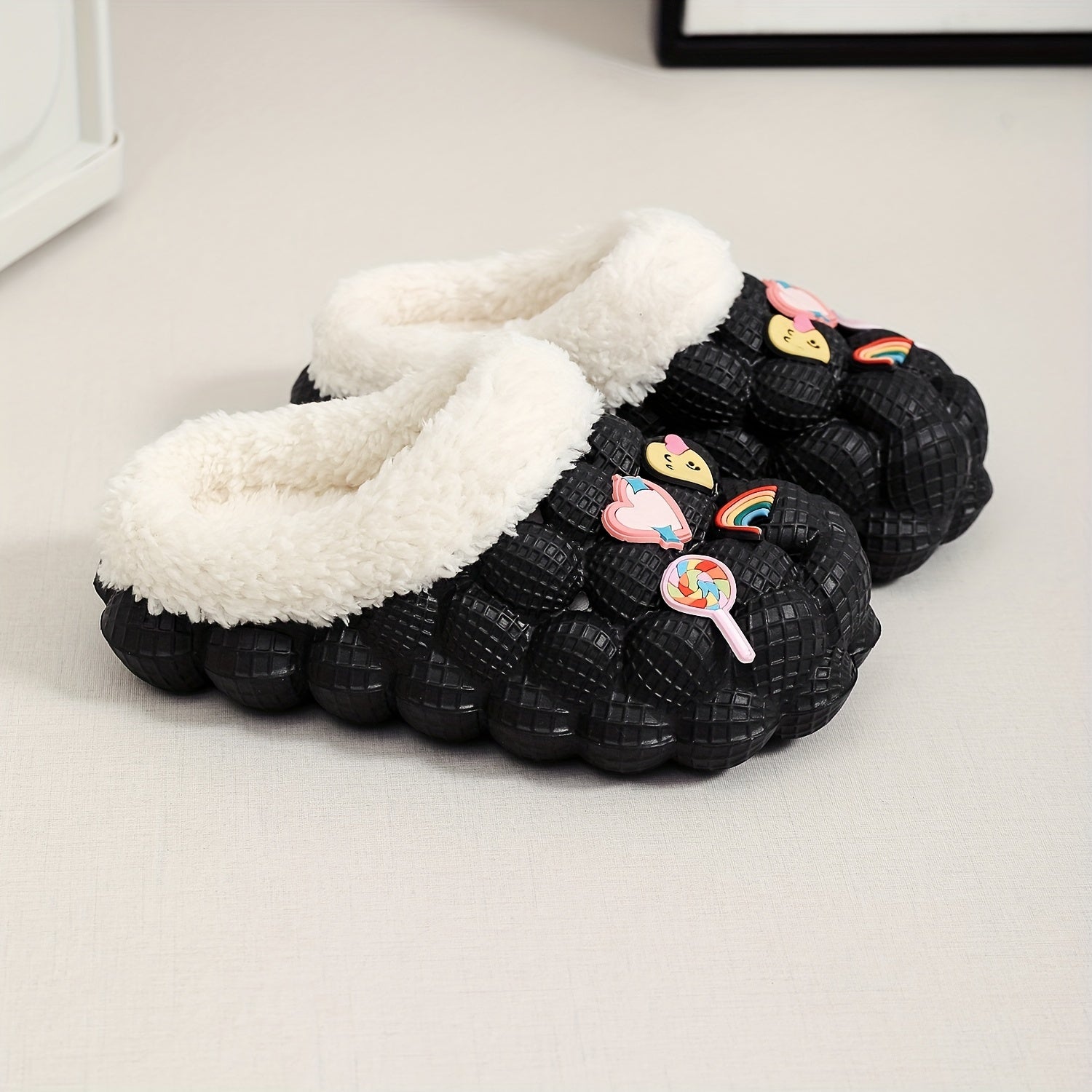 Girls' Fleece House Shoes with Cartoon Charms, Non Slip Soft Bottom