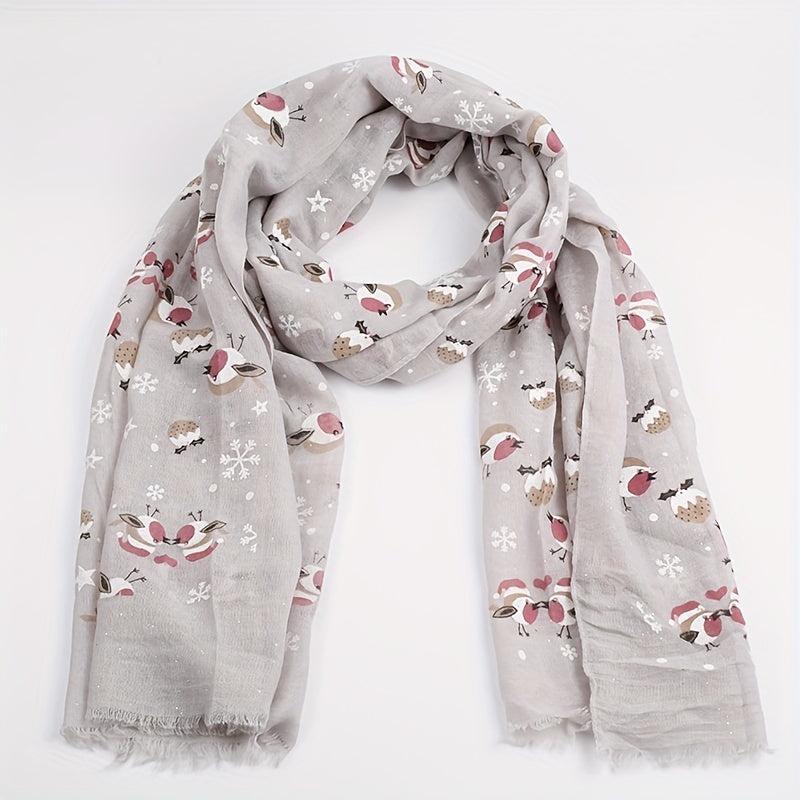 Bird Snowflake Print Scarf Warm Long Shawl for Women