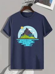 Mountain Lake Print Men's Graphic T-shirt for Summer