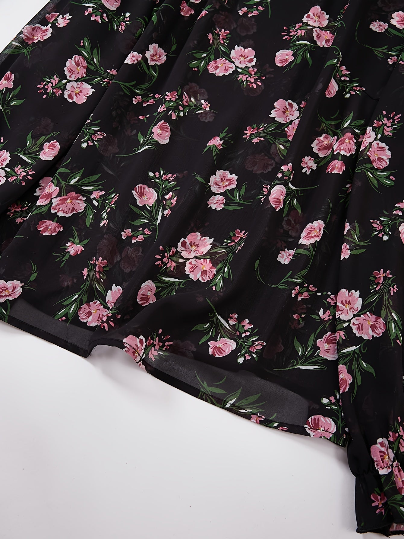 Floral Print Flounce Sleeve Ruffle Trim Mock Neck Shirt Top