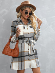 Button Plaid Tie Waist Jacket for Fall & Winter