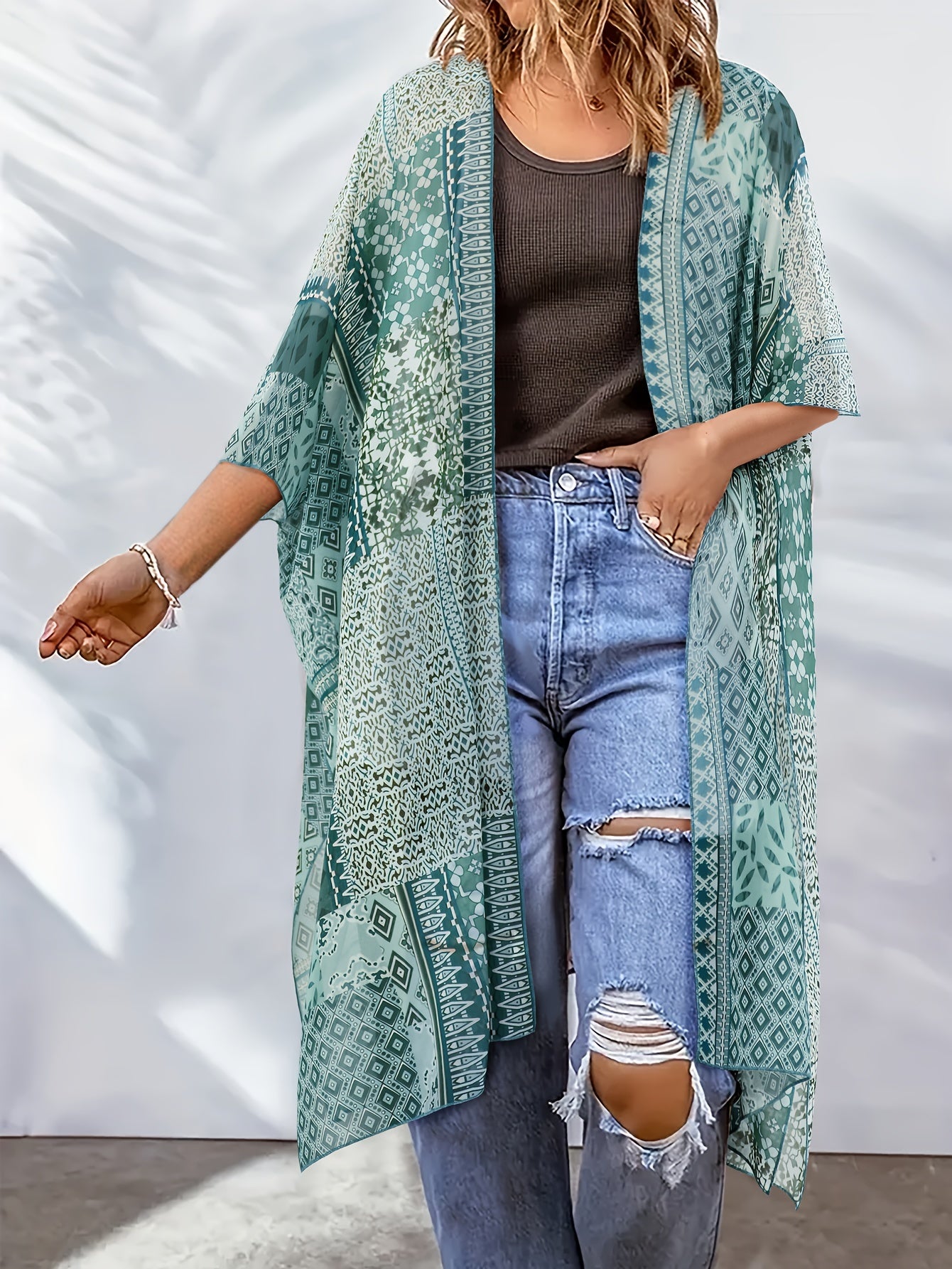 Boho Cover Up Women's Plus Scarf Print Bat Sleeve Open Front Cover Up