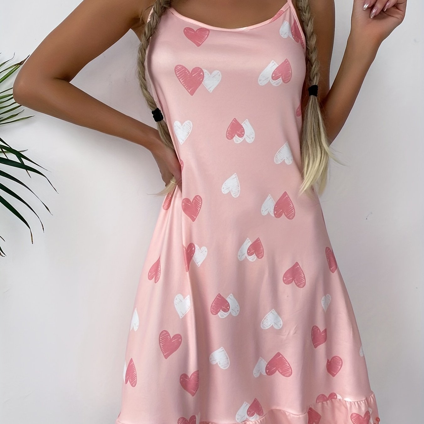 Heart Print Slip Nightdress Ruffle Sleep Dress Women's Sleepwear