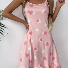 Heart Print Slip Nightdress Ruffle Sleep Dress Women's Sleepwear