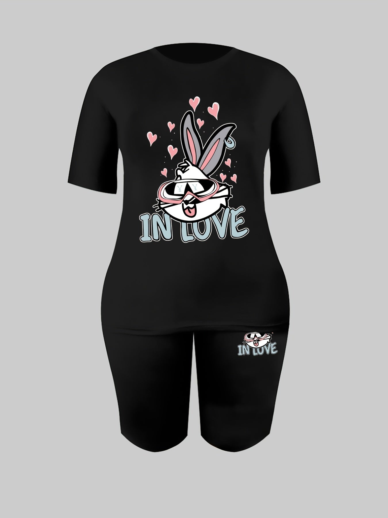 Plus Size Rabbit Print Tee & Biker Shorts Set Plus Stretch 2pcs Outfits