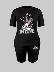 Plus Size Rabbit Print Tee & Biker Shorts Set Plus Stretch 2pcs Outfits