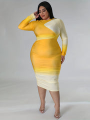 Women's Plus Ombre Print Long Sleeve Round Neck Midi Dress