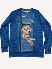 Cat Print Pullover Sweatshirt for Women