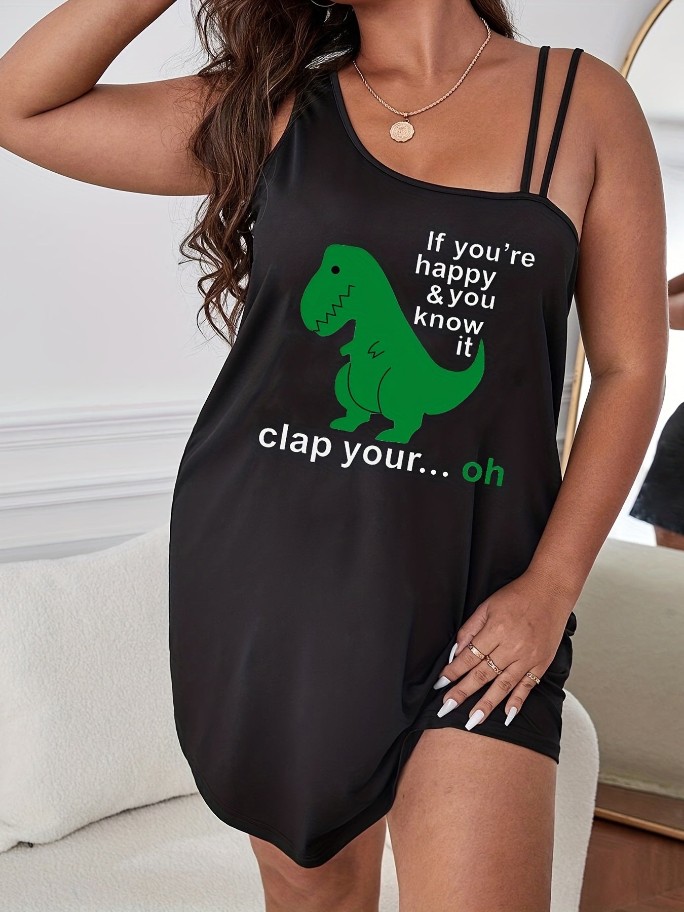 Dinosaur & Letter Print Slip Strap Tank Sleep Dress
