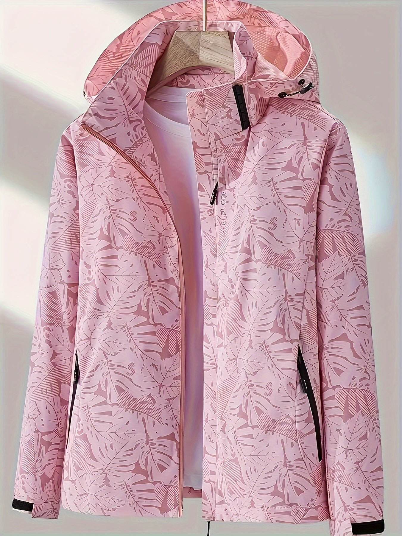 Leaf Print Outdoor Jacket With Removable Hood Women's Windproof
