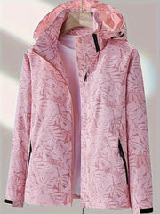 Leaf Print Outdoor Jacket With Removable Hood Women's Windproof