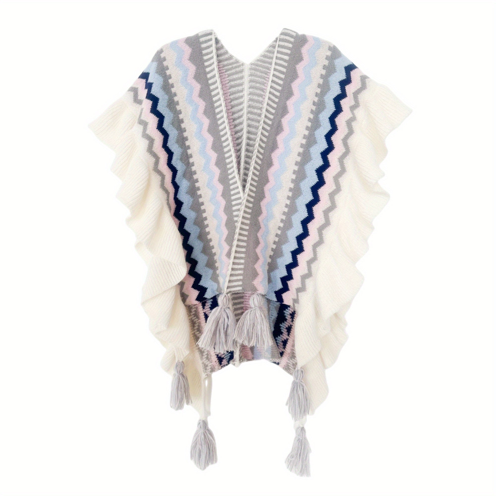 Boho Striped Large Shawl Classic Tassel Wrap Cape Ruffles Cardigan