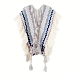 Boho Striped Large Shawl Classic Tassel Wrap Cape Ruffles Cardigan